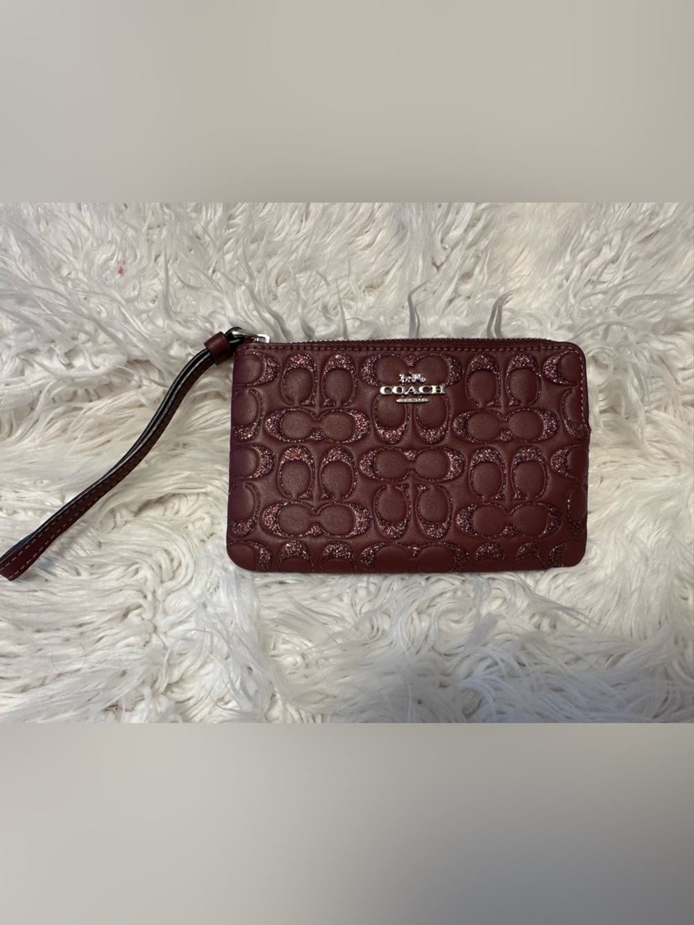 Coach Burgundy Oxblood Glitter Signature C Zip Wristlet Wallet